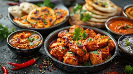 Fototapeta premium Indian banquet with chicken tikka masala curry, tandoori chicken, and various appetizers on dark concrete background