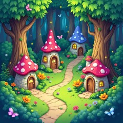 Naklejka premium Mushroom Houses in Enchanted Forest, Fantasy Village Scene