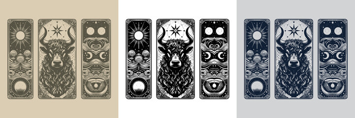 hand-drawn bull vector playing card tattoo design