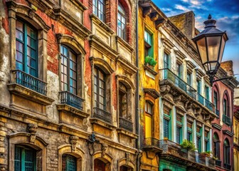 Obraz premium Architectural photography showcases the beauty of old city center building facades and historic structures.