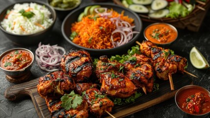 Fototapeta premium Indian banquet with chicken tikka masala curry, tandoori chicken, and various appetizers on dark concrete background