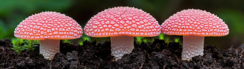 Three vibrant pink mushrooms with textured caps stand on dark soil, surrounded by lush greenery, showcasing nature's beauty.