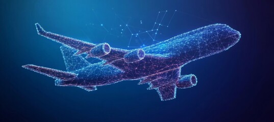 Abstract 3D Airplane Symbol with Connected Dots and Lines on Blue Background, Air Travel Concept