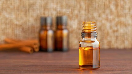 A small glass bottle of amber essential oil sits on a wooden surface, with blurred bottles and cinnamon sticks in the background, suggesting a warm, aromatic setting.