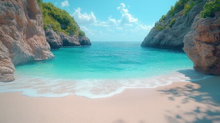 Secluded cove with turquoise water, white sand beach, and rocky cliffs under a sunny sky.