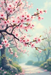 Obraz premium Path under Pink Cherry Blossoms and Turquoise Sky