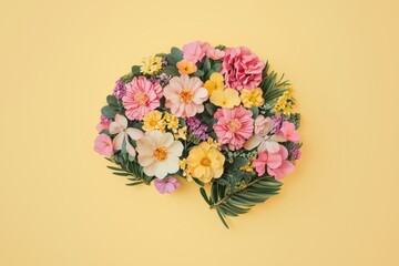 Obraz premium A vibrant floral arrangement featuring various colorful flowers against a bright yellow background, creating a cheerful and artistic display.