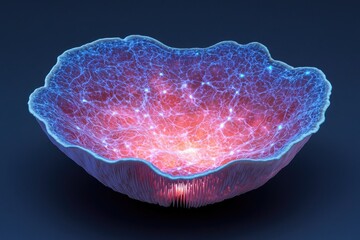 A glowing, intricate bowl design featuring a network of colorful light patterns against a dark...