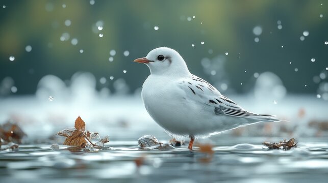 White bird standing in shallow water with autumn leaves and splashing water droplets.