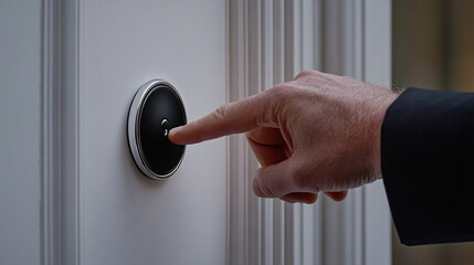 A close-up of a businessman pressing a sleek smart doorbell on a white wooden door, symbolizing digital access, security, and home automation

