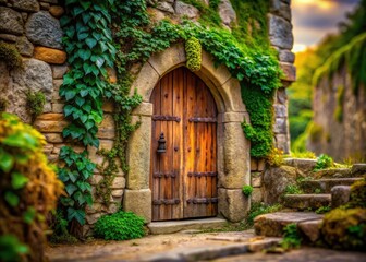 Fototapeta premium A whimsical tilt-shift photo: miniature wooden door set in ancient stone castle walls.