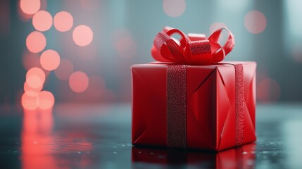 Red gift box with bow. Red gift box with red ribbon. Isolated cutout of a lion on a background with transparent background. A red present wrapped with a ribbon lifestyle.