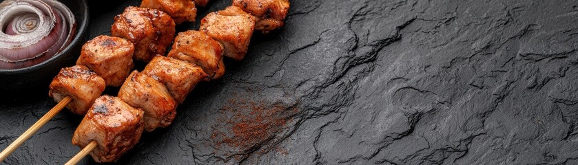 Grilled Chicken Skewers with Onions Served on Slate Background for Delicious Culinary Presentation