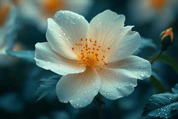 Delicate bloom, adorned with dewdrops, captured in dreamy aesthetics