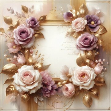 Watercolor mauve roses retro gold glitter frame background