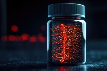 A close-up of a dark bottle filled with glowing, red particles, set against a blurred background of soft lights.