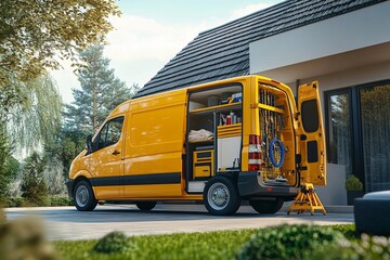 A repair service van parked outside a house for a professional washing machine maintenance visit