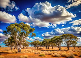 Blue sky, fluffy clouds drift over a field of eucalyptus in the Australian outback.