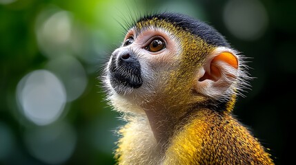 Obraz premium Curious monkey gazing upward, lush rainforest background