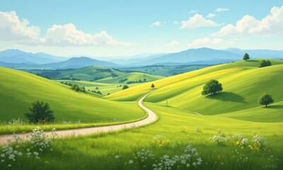 Obraz premium Rolling Green Hills and Winding Dirt Road Landscape