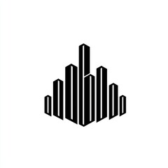 Simple black and white illustration of a stylized cityscape, depicting a cluster of buildings in a geometric arrangement.