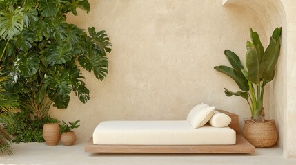 Minimalist bedroom design with plants cozy space interior decor natural light tranquil atmosphere