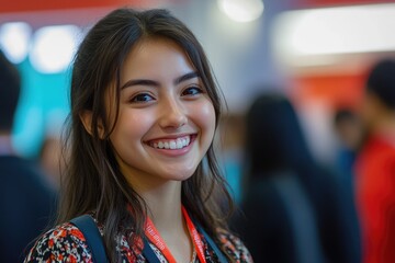 Smiling woman conference attendee, blurred background