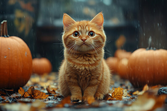 Autumnal orange kitten amidst rain-kissed pumpkins and golden leaves