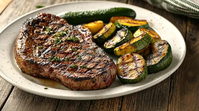 Grilled steak with zucchini and squash on a plate