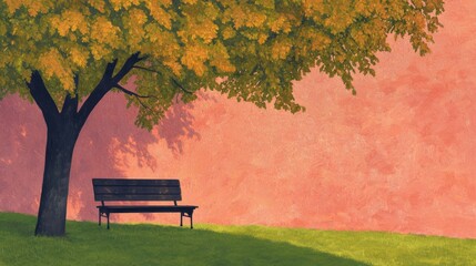 Naklejka premium Autumn leaves falling park bench digital art serene environment wide angle nature's tranquility