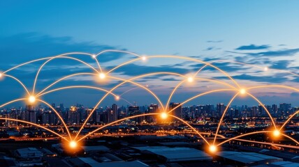 global economy  supply policy. City skyline with glowing network connections at dusk.