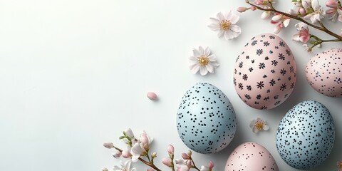 Fototapeta premium Colorful decorated eggs surrounded by spring blossoms create a festive atmosphere for Easter celebrations