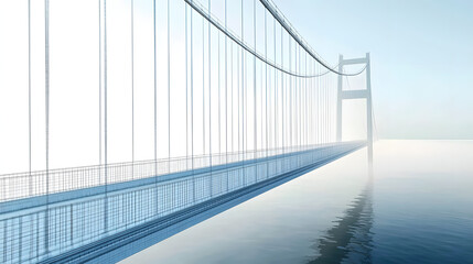 Suspension bridge blueprint morphs into stunning 3D architectural visualization. High-precision engineering details transition from technical drawings to a realistic structure.