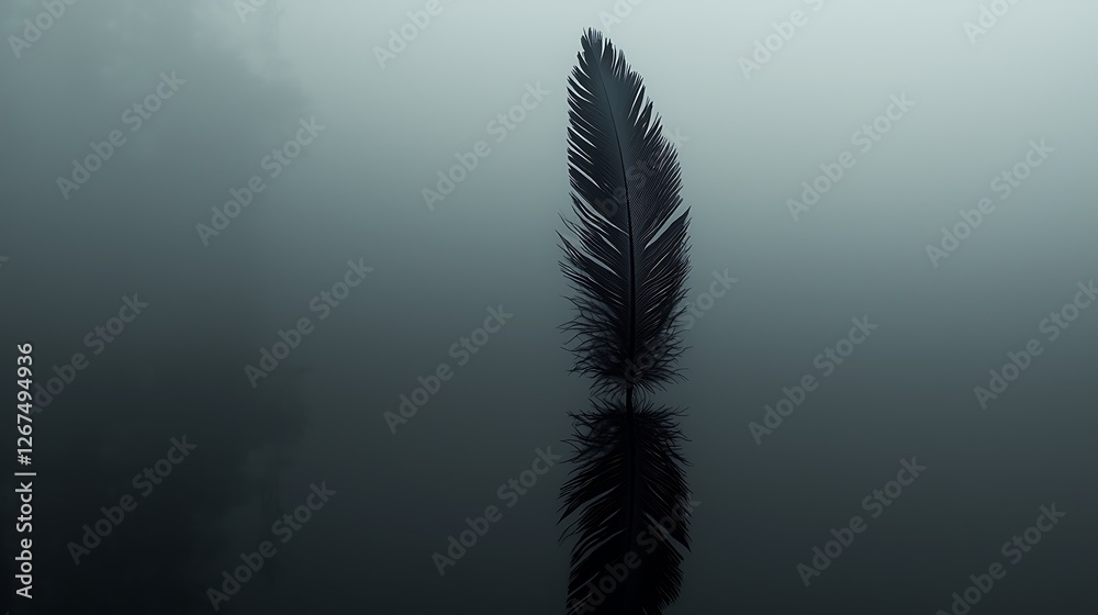 Poster dark feather floats on misty water, reflection visible, moody atmosphere, design element