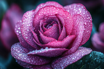 Rose petal covered in dew drops, close up detail and rich color