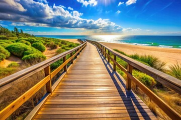 Obraz premium Coastal boardwalk, elevated perspective, perfect for summer beach walks.