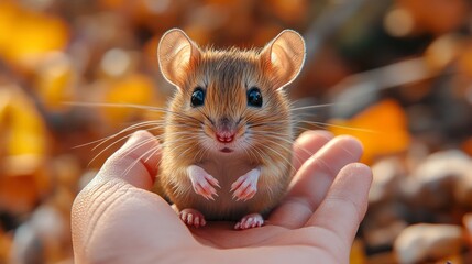 Adorable tiny mouse sitting in a human hand, surrounded by autumn leaves.