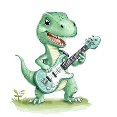 Obraz premium Cute dinosaur plays electric guitar joyful rock music happy fun