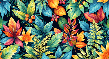 Colorful Tropical Leaves Seamless Pattern