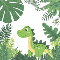 Adorable Green Dinosaur in Lush Tropical Foliage Happy Jungle Scene