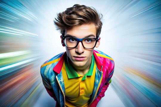 Colorful clothes and glasses define this AI-generated image of a dynamic young man in a long-exposure shot against a white backdrop.