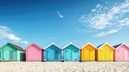 Brightly colored beach huts under a vibrant summer sky.