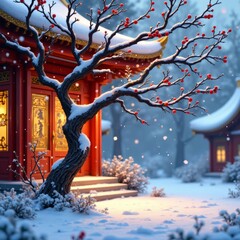 Winter scene of red Asian building with snow and red berries