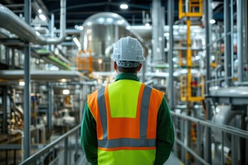 Industrial Worker with Safety Vest Observing Equipment in Modern Manufacturing Facility