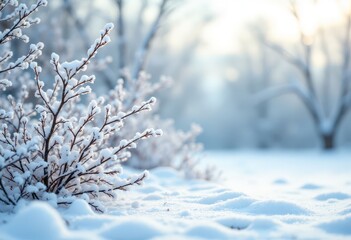 Obraz premium Winter's Delicate Touch: Snow-Kissed Branches and Soft Sunlight