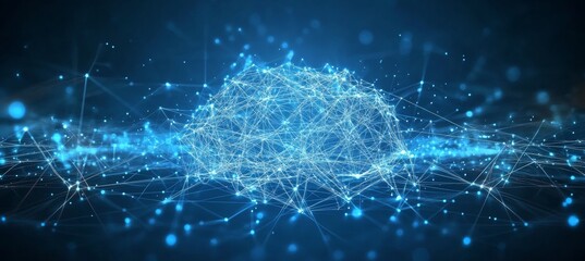 Digital Brain Innovation, Technology. Blue Abstract Neural Network, Connected Data Points.