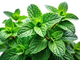 Crisp white backdrop showcases isolated peppermint sprigs in a dreamy long-exposure photograph.