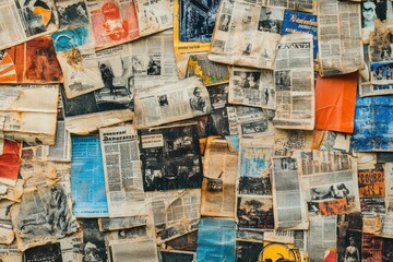 Fototapeta premium Vintage Newspaper Collage Featuring Various Black and White Articles and Colorful Prints