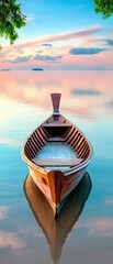 Obraz premium Traditional Thai Longtail Boat View morning set against a serene coastal scene with pale blue skies and soft pink water ripples