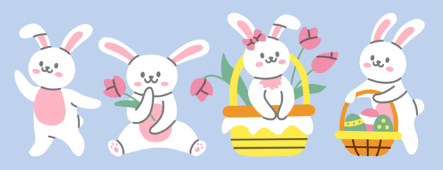 Flat illustration of cute Easter bunnies with flowers, festive baskets on a pastel blue background. Adorable rabbits holding tulips, sitting in a decorated basket, and carrying colorful Easter eggs.